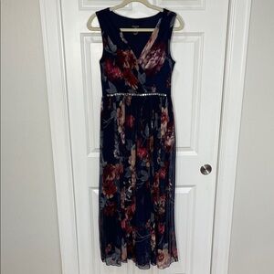Alexa B Nites Maxi Dress Size 6 V Neck Floral Sleeveless Mesh Embellished Blue